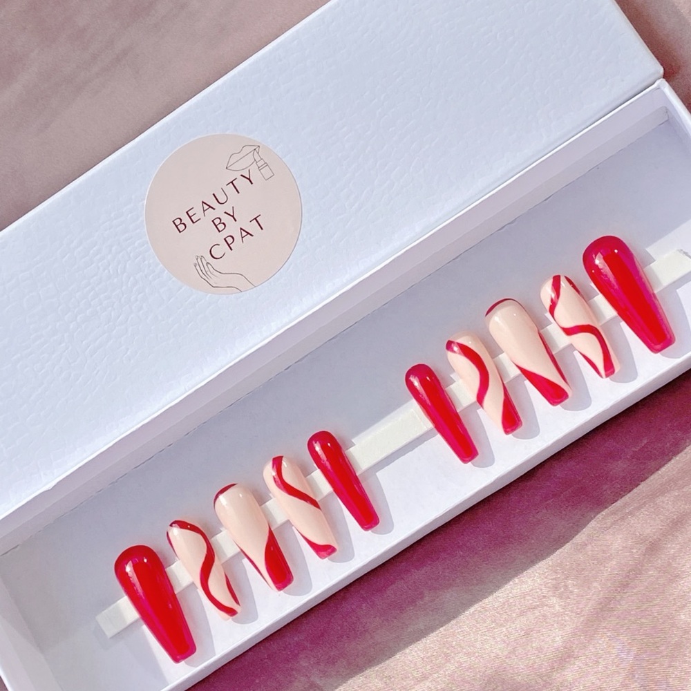 Red and Peach Creme Handmade Luxury Press On Nails -Reusable